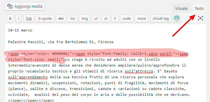 Strana formattazione del testo copiato da Word in WordPress